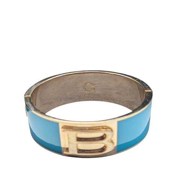 Vtg Signed Aqua Gold Tone 'B' Letter Initial Hinged Clamper Oval Bangle Bracelet - Picture 6 of 7